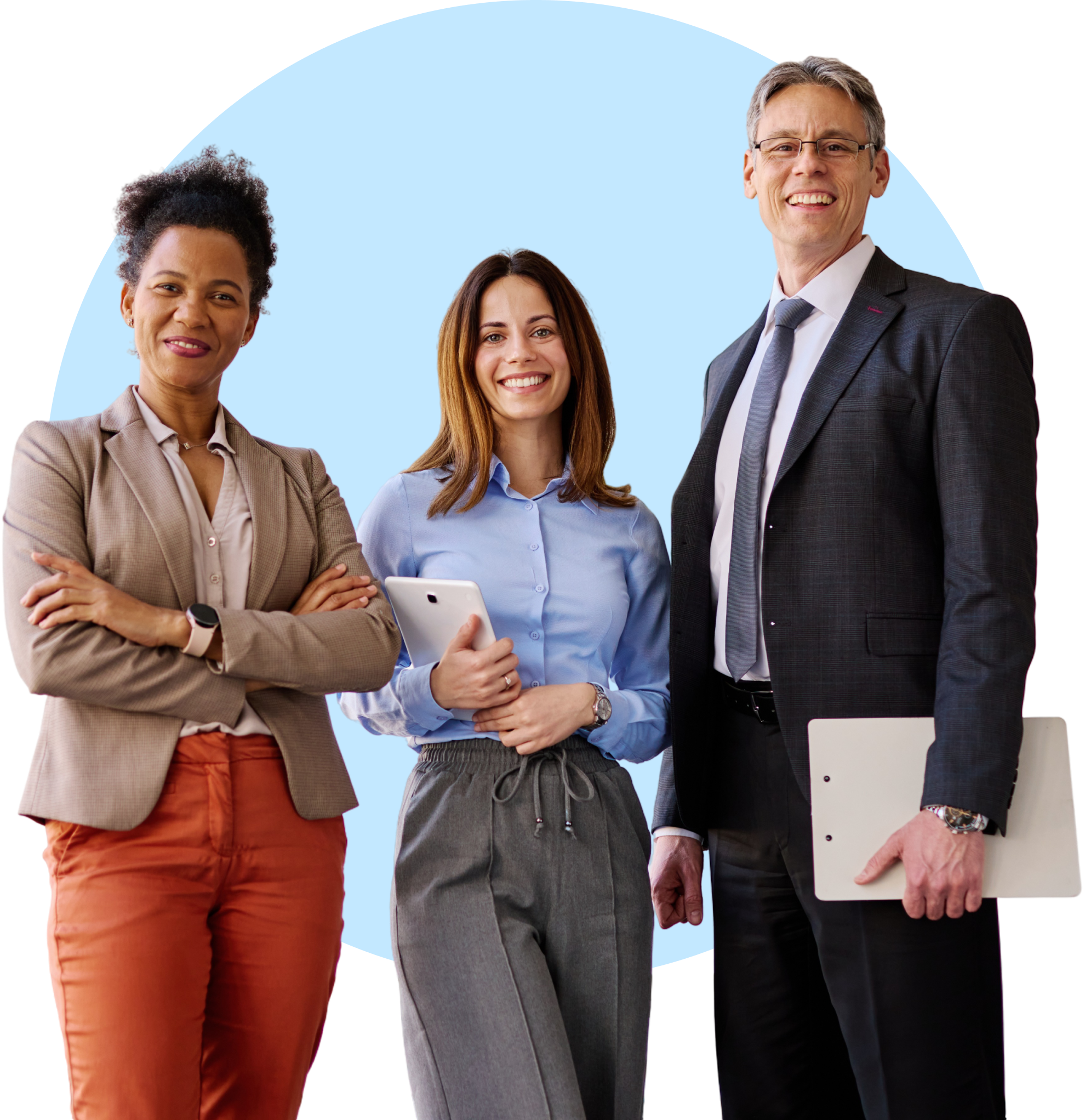 Diverse group of professionals standing together.