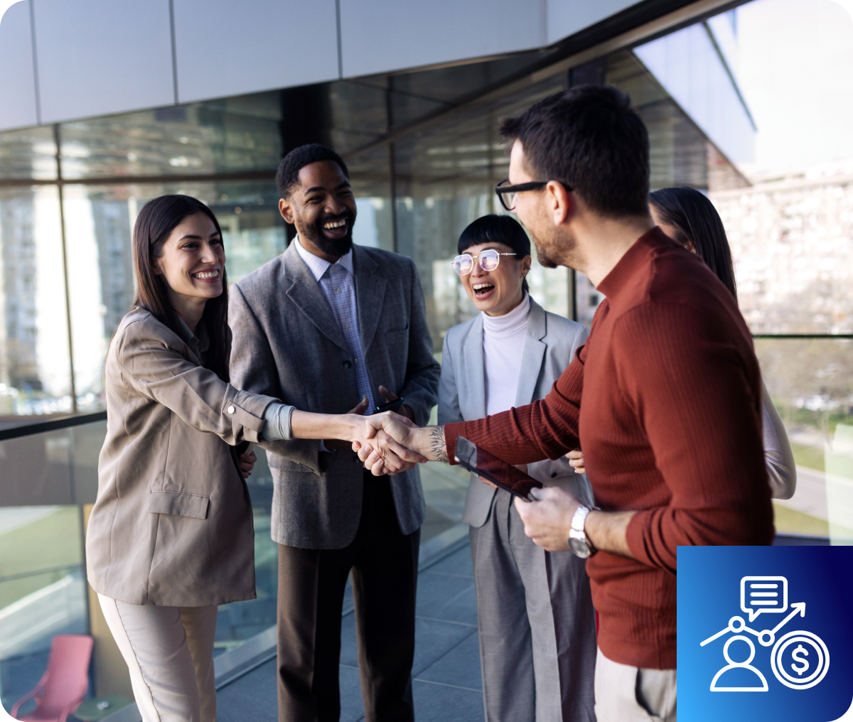 Professionals meeting on office balcony